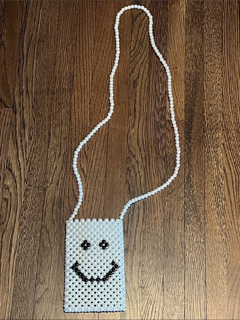 White Beaded Smile Crossbody Bag by
